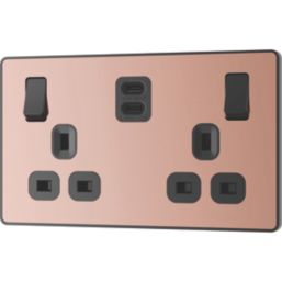 British General Evolve 13A 2-Gang SP Switched Socket + 3.25A 45W 2-Outlet Type C USB Charger Copper with Black Inserts