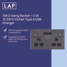 LAP  13A 2-Gang SP Switched Socket + 3.1A 15.5W 2-Outlet Type A USB Charger Slate Grey with Black Inserts