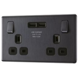 LAP  13A 2-Gang SP Switched Socket + 3.1A 15.5W 2-Outlet Type A USB Charger Slate Grey with Black Inserts