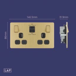 LAP  13A 2-Gang SP Switched Socket + 3A 45W 2-Outlet Type A & C USB Charger Satin Brass with Black Inserts