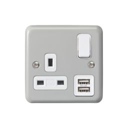 MK Contoura 13A 1-Gang DP Switched Socket + 2A 10.5W 2-Outlet Type A USB Charger Grey with White Inserts