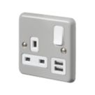 MK Contoura 13A 1-Gang DP Switched Socket + 2A 10.5W 2-Outlet Type A USB Charger Grey with White Inserts