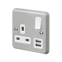 MK Contoura 13A 1-Gang DP Switched Socket + 2A 10.5W 2-Outlet Type A USB Charger Grey with White Inserts