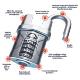 Squire Vulcan Weatherproof Closed Shackle Combination  High Security Padlock Blue/Chrome 50mm
