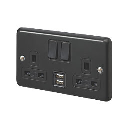 MK Contoura 13A 2-Gang DP Switched Socket + 2A 10.5W 2-Outlet Type A USB Charger Black with Colour-Matched Inserts