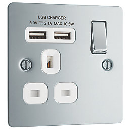 LAP  13A 1-Gang SP Switched Socket + 2.1A 10.5W 2-Outlet Type A USB Charger Polished Chrome with White Inserts