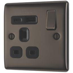 British General Nexus Metal 13A 1-Gang SP Switched Socket + 3A 18W 2-Outlet Type A & C USB Charger Black Nickel with Black Inserts