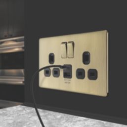 LAP  13A 2-Gang SP Switched Socket + 2.4A 12W 2-Outlet Type A & C USB Charger Antique Brass with Black Inserts