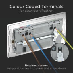 British General Evolve 13A 2-Gang SP Switched Socket + 3A 45W 2-Outlet Type A & C USB Charger Brushed Steel with White Inserts