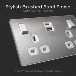 British General Evolve 13A 2-Gang SP Switched Socket + 3A 45W 2-Outlet Type A & C USB Charger Brushed Steel with White Inserts