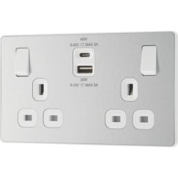 British General Evolve 13A 2-Gang SP Switched Socket + 3A 45W 2-Outlet Type A & C USB Charger Brushed Steel with White Inserts