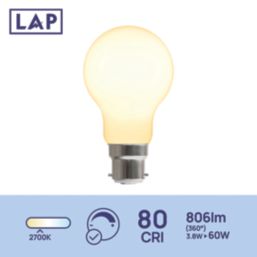 LAP  B22 A60 LED Light Bulb Milky 806lm 3.8W 2 Pack