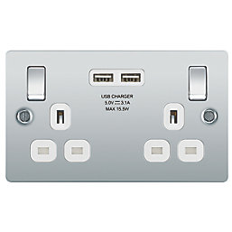 LAP  13A 2-Gang SP Switched Socket + 3.1A 15.5W 2-Outlet Type A USB Charger Polished Chrome with White Inserts