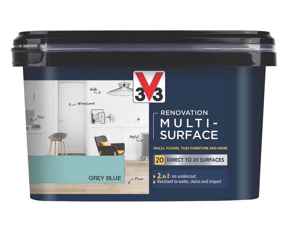 V33 2Ltr Grey Blue Satin Acrylic Multi Surface Paint Screwfix