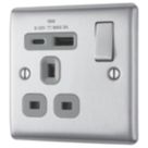 British General Nexus Metal 13A 1-Gang SP Switched Socket + 3A 18W 2-Outlet Type A & C USB Charger Brushed Steel with Grey Inserts