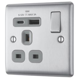 British General Nexus Metal 13A 1-Gang SP Switched Socket + 3A 18W 2-Outlet Type A & C USB Charger Brushed Steel with Grey Inserts