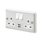MK Contoura 13A 2-Gang DP Switched Socket + 2A 10.5W 2-Outlet Type A USB Charger Brushed Stainless Steel with White Inserts
