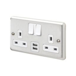 MK Contoura 13A 2-Gang DP Switched Socket + 2A 10.5W 2-Outlet Type A USB Charger Brushed Stainless Steel with White Inserts