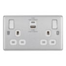 LAP  13A 2-Gang SP Switched Socket + 3A 22W 2-Outlet Type A & C USB Charger Brushed Steel with White Inserts