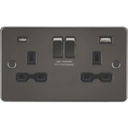 Knightsbridge  13A 2-Gang SP Switched Socket + 4.0A 20W 2-Outlet Type A & C USB Charger Gunmetal with Black Inserts