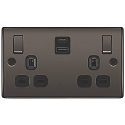 British General Nexus Metal 13A 2-Gang SP Switched Socket + 3A 45W 2-Outlet Type A & C USB Charger Black Nickel with Black Inserts