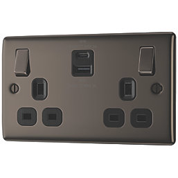 British General Nexus Metal 13A 2-Gang SP Switched Socket + 3A 45W 2-Outlet Type A & C USB Charger Black Nickel with Black Inserts
