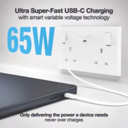 British General 900 Series 13A 2-Gang SP Switched Socket + 3.25A 65W 2-Outlet Type C USB Charger White