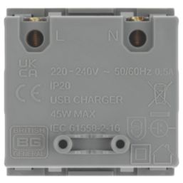 British General Euro Module Modular 3A 45W 2-Outlet Type A & C USB Socket Grey
