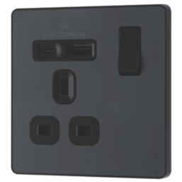 British General Evolve 13A 1-Gang SP Switched Socket + 3A 18W 2-Outlet Type A & C USB Charger Grey with Black Inserts