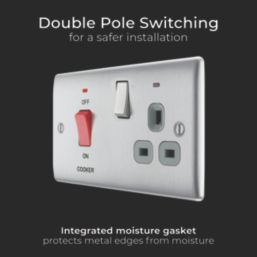 British General Nexus Metal 45A 2-Gang DP Cooker Switch & 13A DP Switched Socket Brushed Steel with LED with Graphite Inserts