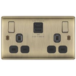 British General Nexus Metal 13A 2-Gang SP Switched Socket + 3A 45W 2-Outlet Type A & C USB Charger Antique Brass with Black Inserts