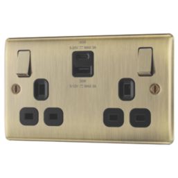 British General Nexus Metal 13A 2-Gang SP Switched Socket + 3A 45W 2-Outlet Type A & C USB Charger Antique Brass with Black Inserts