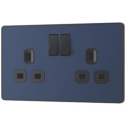 British General Evolve 13A 2-Gang SP Switched Socket Blue  with Black Inserts