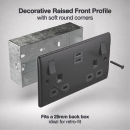 British General Nexus Metal 13A 2-Gang SP Switched Socket + 3.25A 22W 2-Outlet Type C USB Charger Matt Black with Black Inserts