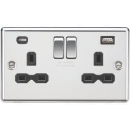 Knightsbridge  13A 2-Gang SP Switched Socket + 4.0A 20W 2-Outlet Type A & C USB Charger Polished Chrome with Black Inserts