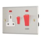 Contactum iConic 45A 2-Gang DP Cooker Switch & 13A DP Switched Socket Brushed Steel with Neon with White Inserts