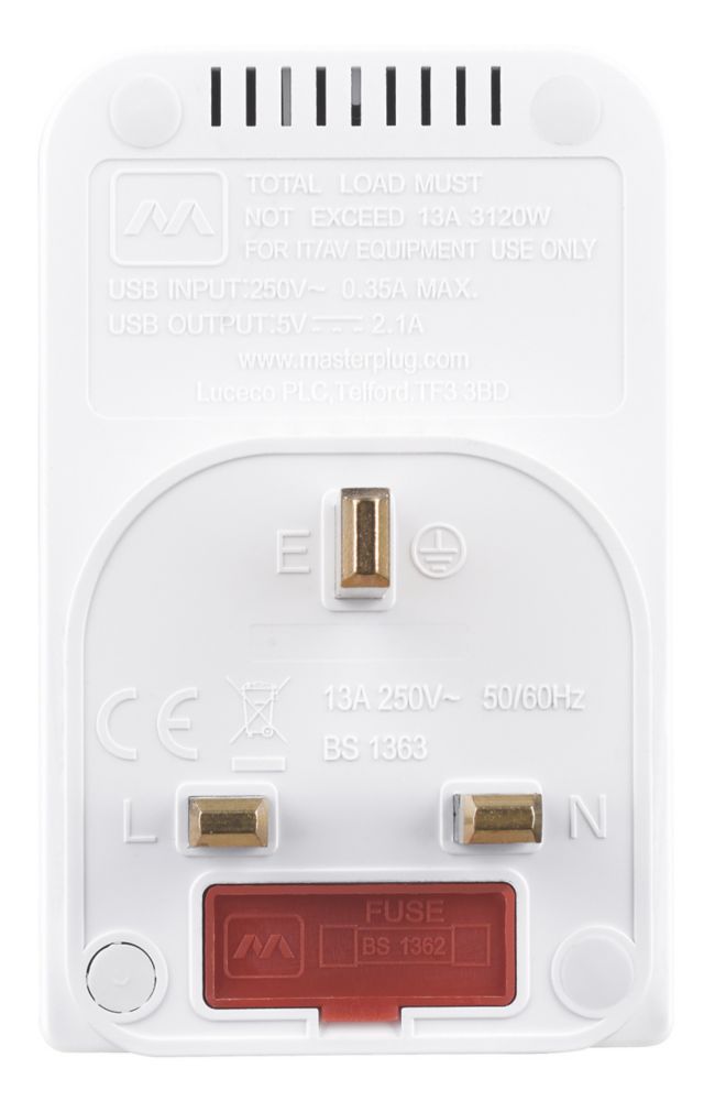 Masterplug 13A Fused 3-Way Socket Adaptor + 2.1A 2-Outlet Type A USB  Charger White - Screwfix