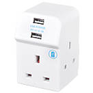 Masterplug 13A Fused 3-Way Multi-Way Socket Adaptor + 2.1A 2-Outlet Type A USB Charger White