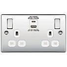 British General Nexus Metal 13A 2-Gang SP Switched Socket + 3A 30W 2-Outlet Type A & C USB Charger Polished Chrome with White Inserts