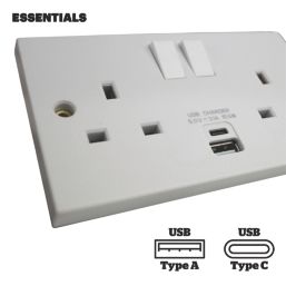 Essentials  13A 2-Gang 2-Pole Switched Socket + 3.1A 15W 2-Outlet Type A & C USB Charger White with White Inserts