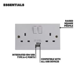 Essentials  13A 2-Gang 2-Pole Switched Socket + 3.1A 15W 2-Outlet Type A & C USB Charger White with White Inserts