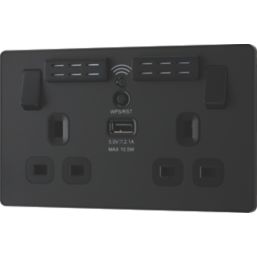 British General Evolve 13A 2-Gang SP Switched Double Socket With WiFi Extender + 2.1A 10.5W 1-Outlet Type A USB Charger Matt Black with Black Inserts