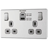 LAP  13A 2-Gang DP Switched Socket + 4.2A 2-Outlet Type A & C USB Charger Brushed Stainless Steel with Graphite Inserts