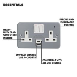 Essentials  13A 2-Gang 2-Pole Switched Metal Clad Socket + 3A 30W 2-Outlet Type A & C USB Charger with White Inserts