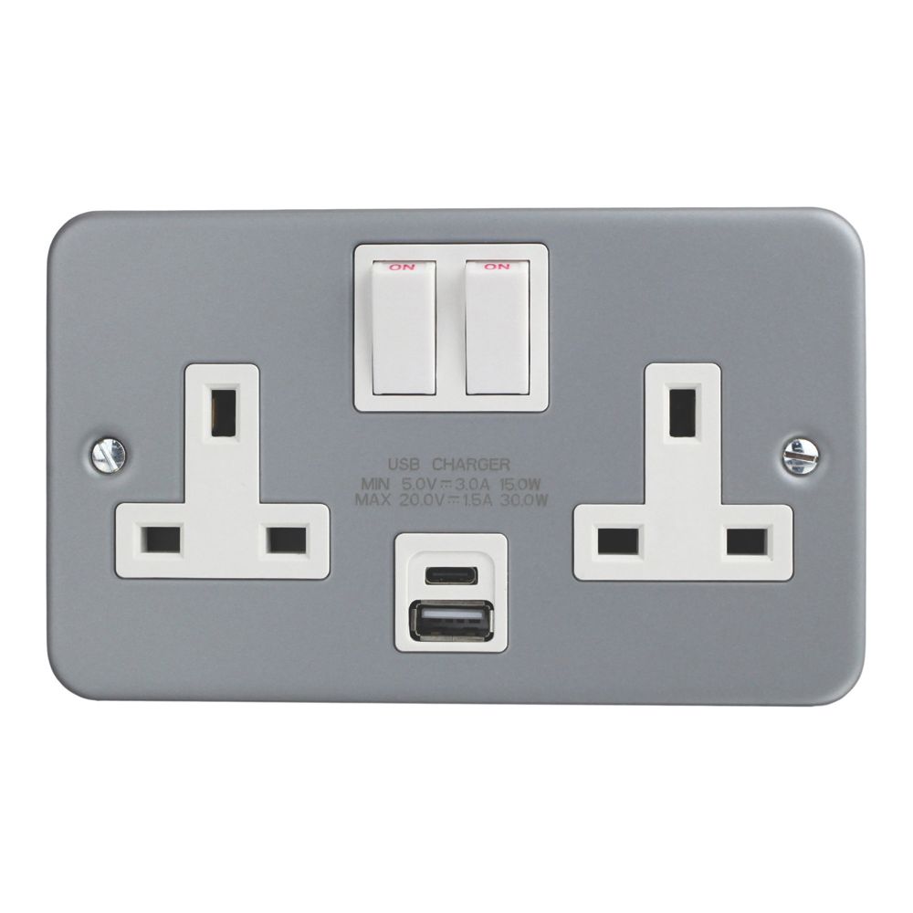 Essentials 13A 2-Gang 2-Pole Switched Metal Clad Socket + 3A 30W 2 ...