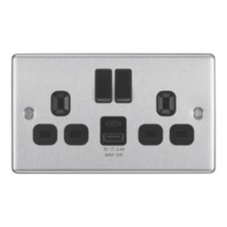 LAP  13A 2-Gang SP Switched Socket + 2.4A 12W 2-Outlet Type A & C USB Charger Brushed Steel with Black Inserts