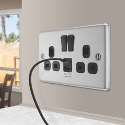 LAP  13A 2-Gang SP Switched Socket + 2.4A 12W 2-Outlet Type A & C USB Charger Brushed Steel with Black Inserts