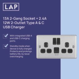 LAP  13A 2-Gang SP Switched Socket + 2.4A 12W 2-Outlet Type A & C USB Charger Brushed Steel with Black Inserts