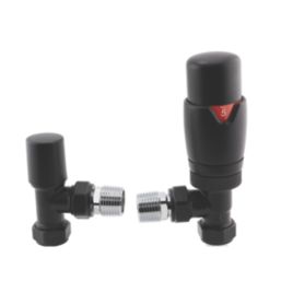 ETAL Danva 15mm x 1/2" Satin Black Angled & L/S Modern Thermostatic Radiator Valve & Lockshield