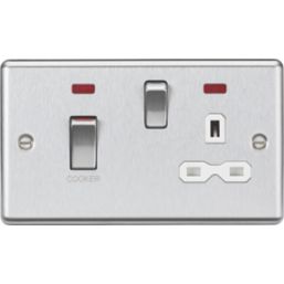 Knightsbridge  45A 2-Gang DP Cooker Switch & 13A DP Switched Socket Brushed Chrome with LED with White Inserts